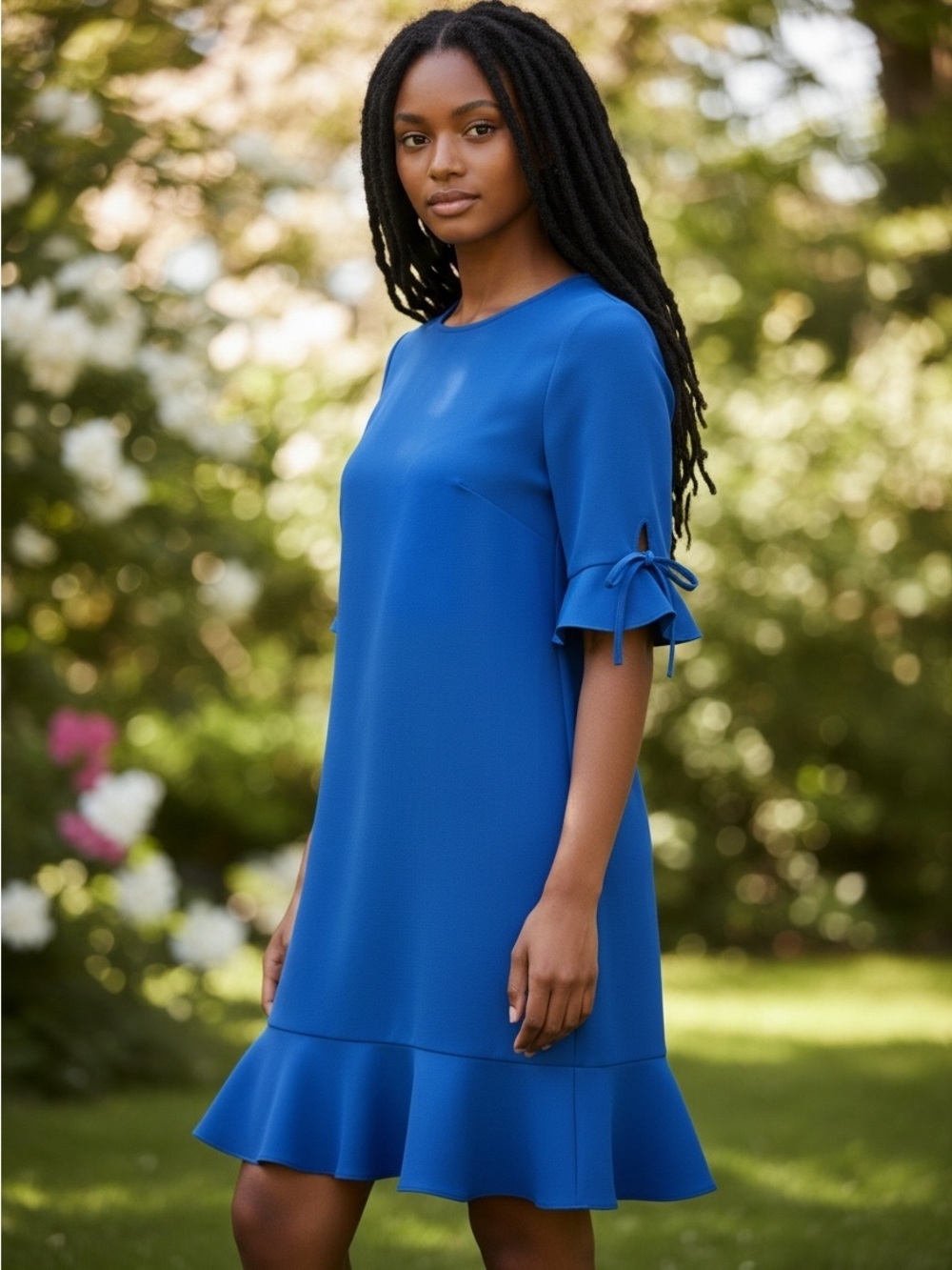 Talbots Periwinkle Blue Flounce Sleeve Crepe Shift Dress Size 8P Ruffle Hem Work